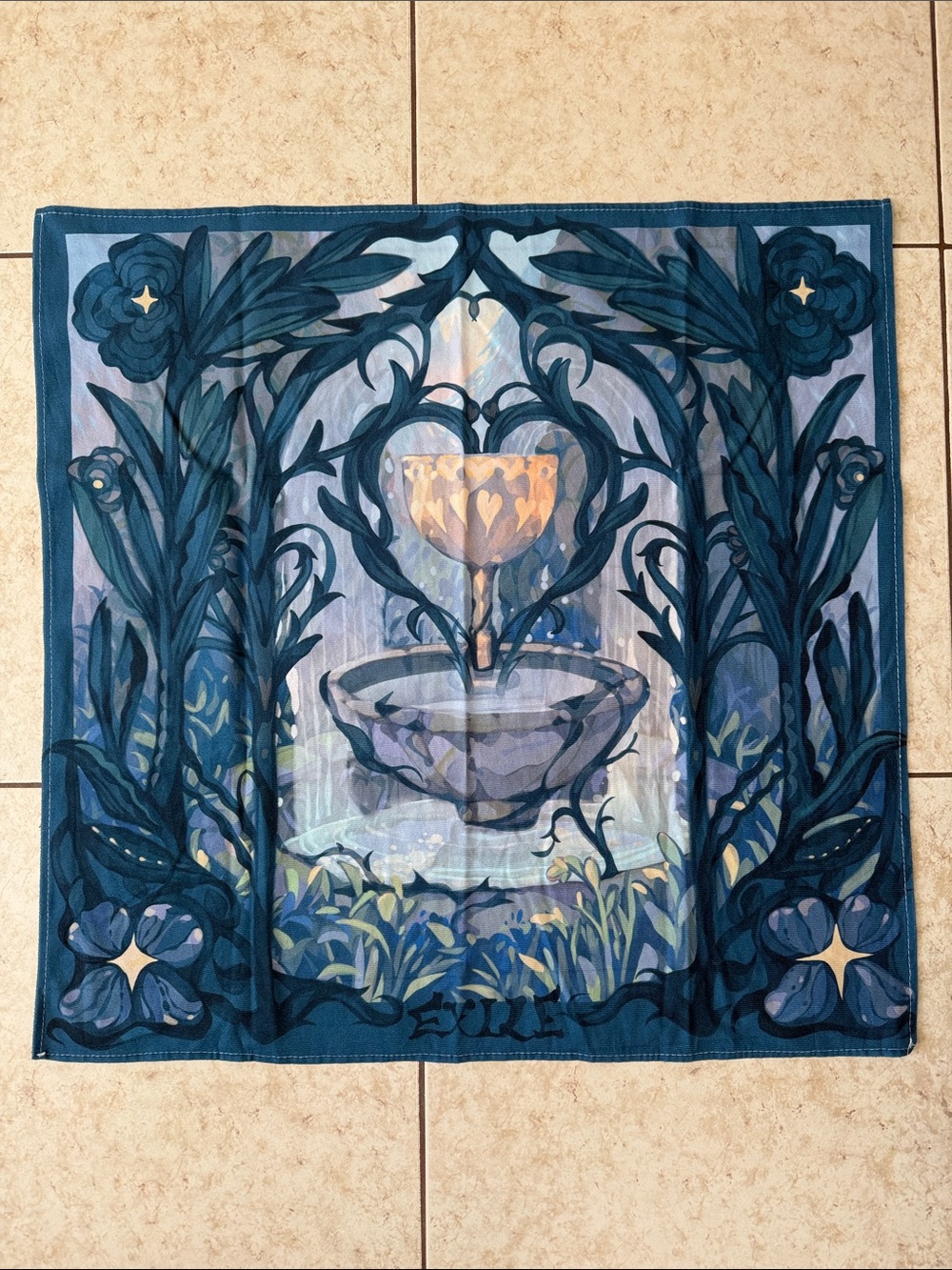 Blue Botanical Fountain Wall Art - Home Wall Decor / Altar Cloth